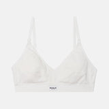 A white wireless bralette with adjustable shoulder straps and a wide underband, featuring the brand name 'RENUE' printed in black on the front center of the band, set against a solid light gray background.