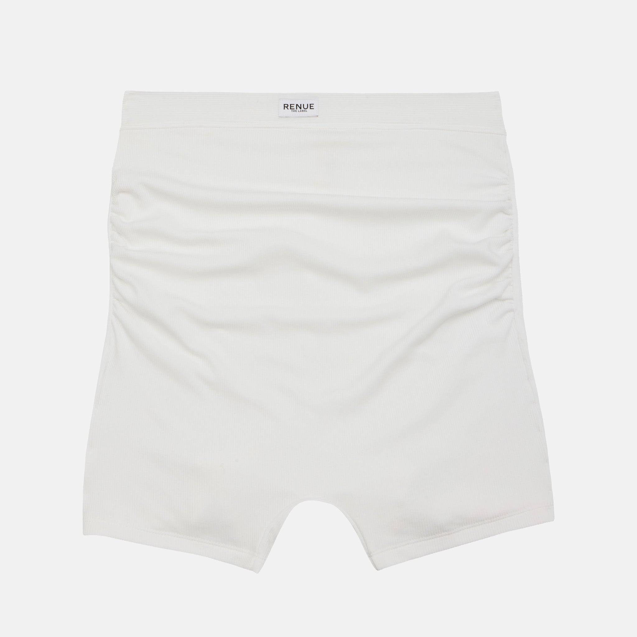 White seamless boxer briefs with a small RENUE brand label on the waistband, shown flat against a light gray background.