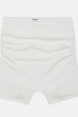 White seamless boxer briefs with a small RENUE brand label on the waistband, shown flat against a light gray background.