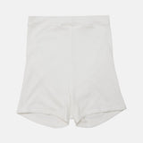 A pair of plain white high-waisted shorts or briefs laid flat against a light gray background.
