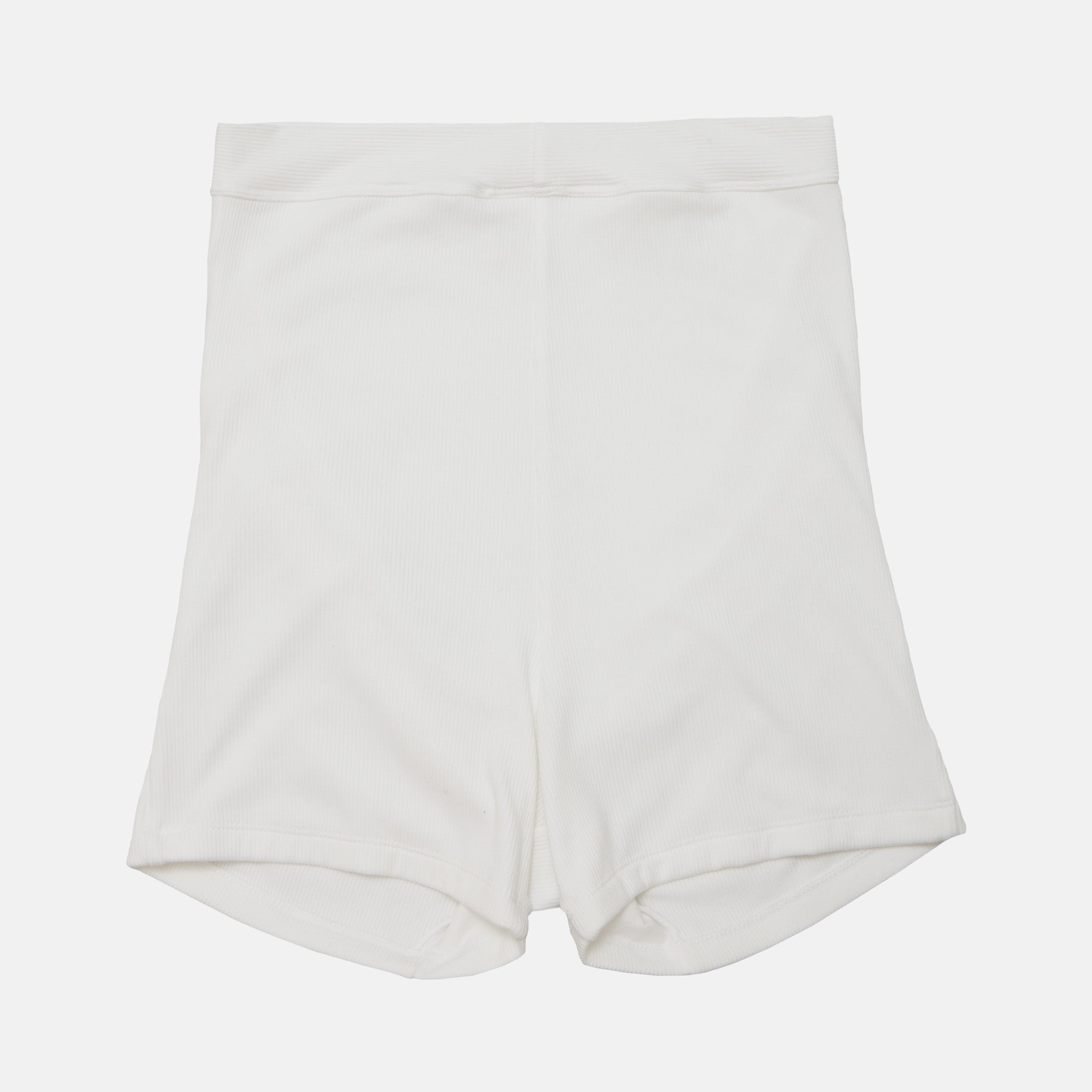 A pair of plain white high-waisted shorts or briefs laid flat against a light gray background.