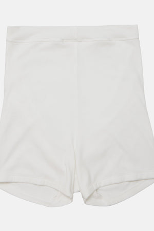 A pair of plain white high-waisted shorts or briefs laid flat against a light gray background.