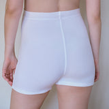 White high-waisted compression shorts shown on a model from the back, highlighting the seamless center seam and ribbed texture.