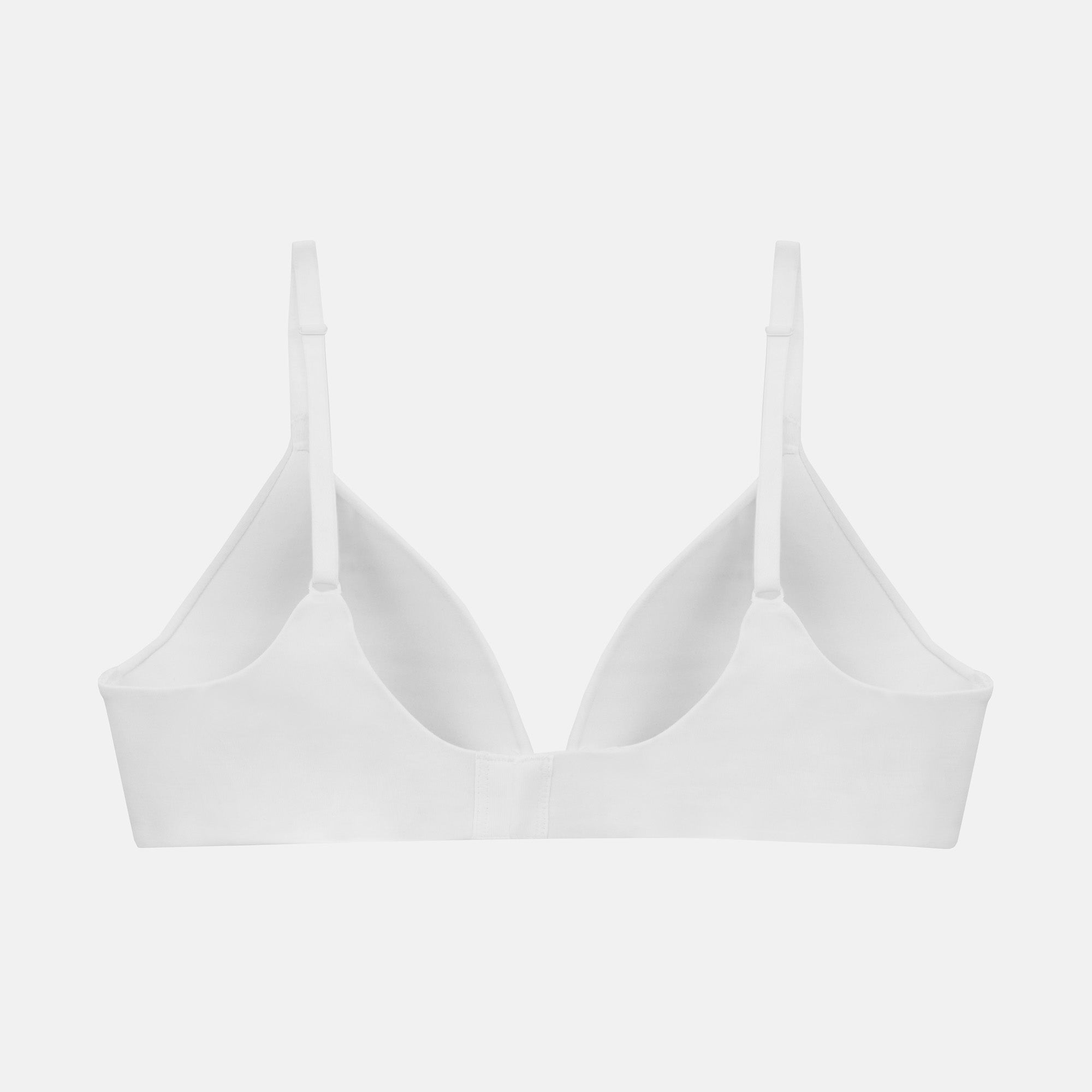 A white wireless underwire bra with thin shoulder straps, shown from the front on a light gray background.