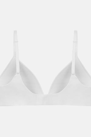 A white wireless underwire bra with thin shoulder straps, shown from the front on a light gray background.