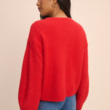 A woman shown from the back wearing a bright red knit sweater and blue jeans against a plain beige studio background.