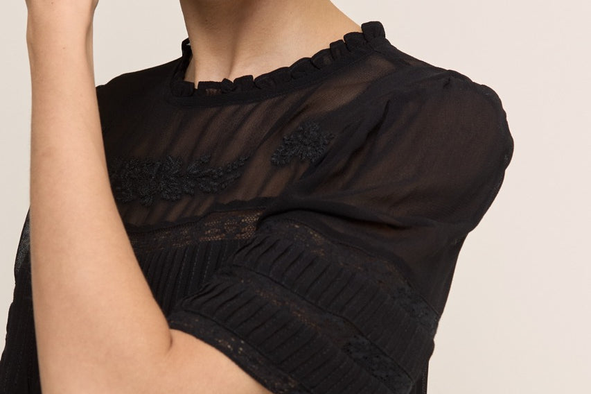 A close-up of a woman wearing a black sheer short-sleeve blouse with lace trim and a ruffled neckline, posed against a light beige background.