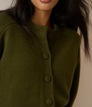 Close-up of a woman wearing an olive green knit cardigan sweater with matching buttons, shown against a plain beige background.