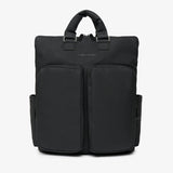 Black backpack with multiple compartments on a white background