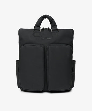 Black backpack with multiple compartments on a white background