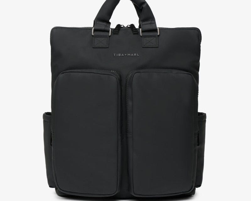 Black backpack with multiple compartments on a white background