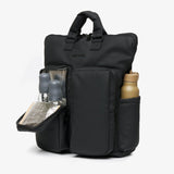 Black backpack with multiple compartments on a white background