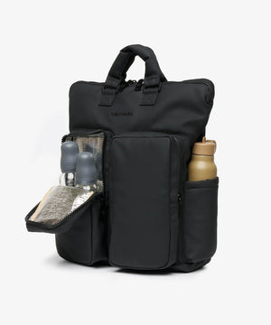 Black backpack with multiple compartments on a white background