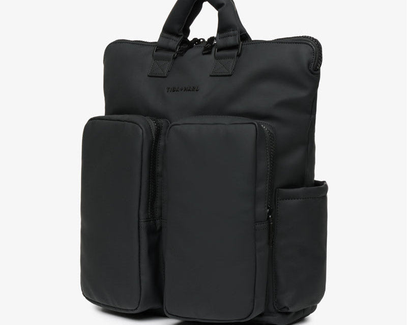 Black backpack on a white background