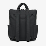 Black backpack with multiple pockets on a white background