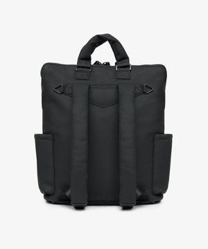 Black backpack with multiple pockets on a white background