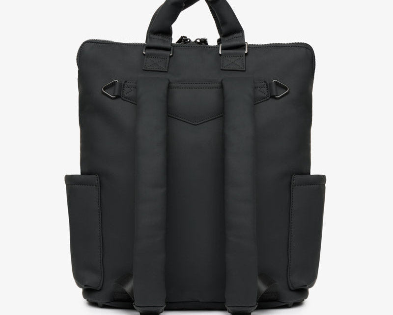 Black backpack with multiple pockets on a white background