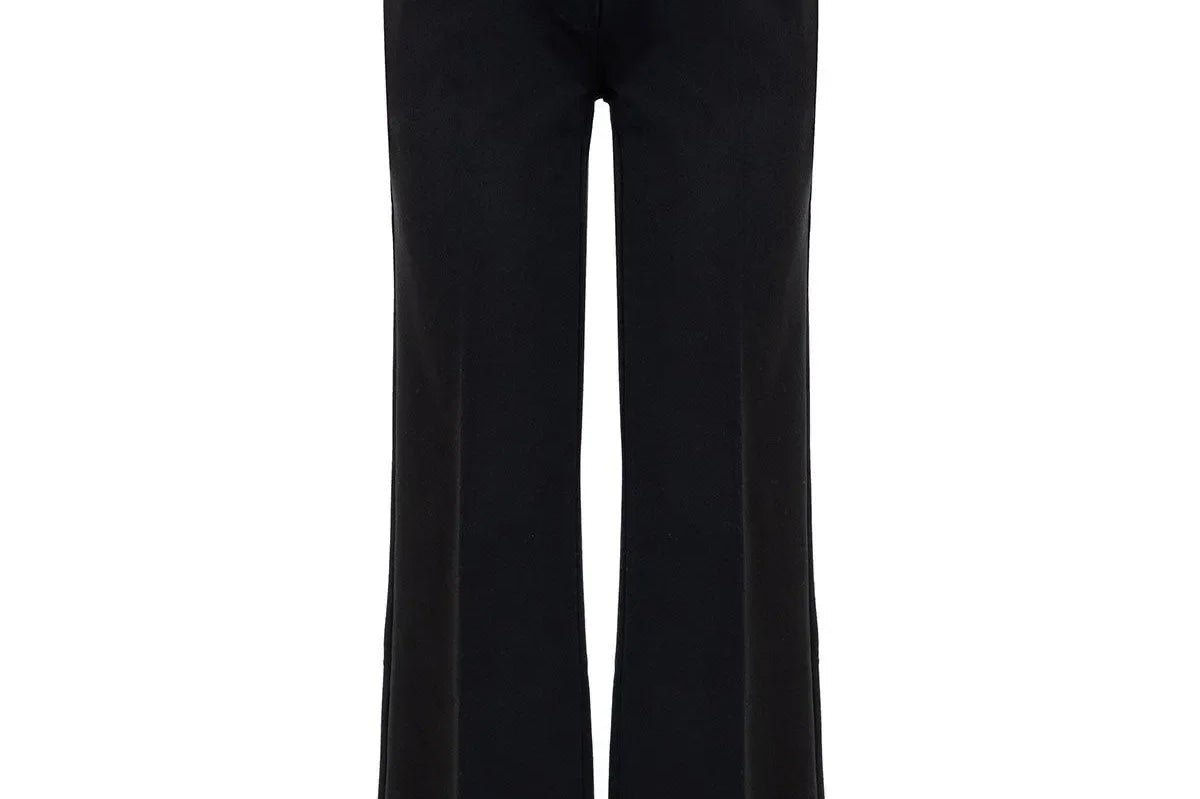 Black wide-leg cropped trousers with a wide waistband, shown on a plain white background.