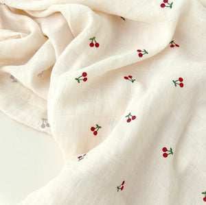 Cherry Muslin Swaddle Blanket breathable baby muslin by Cozy Crew Club