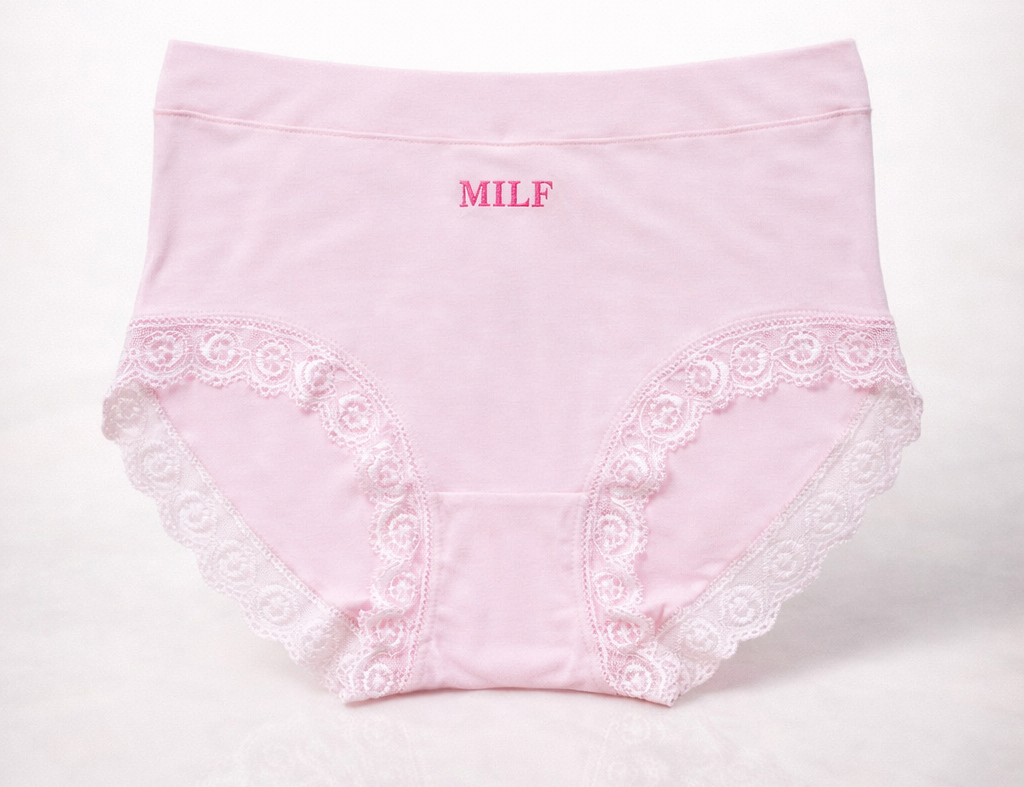 Pink lace underwear with ' MILF' text on a white background