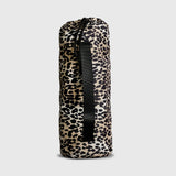 Thoren Eco Playmat in Leopard drawstring bag, side view showing the black carry strap and cord
