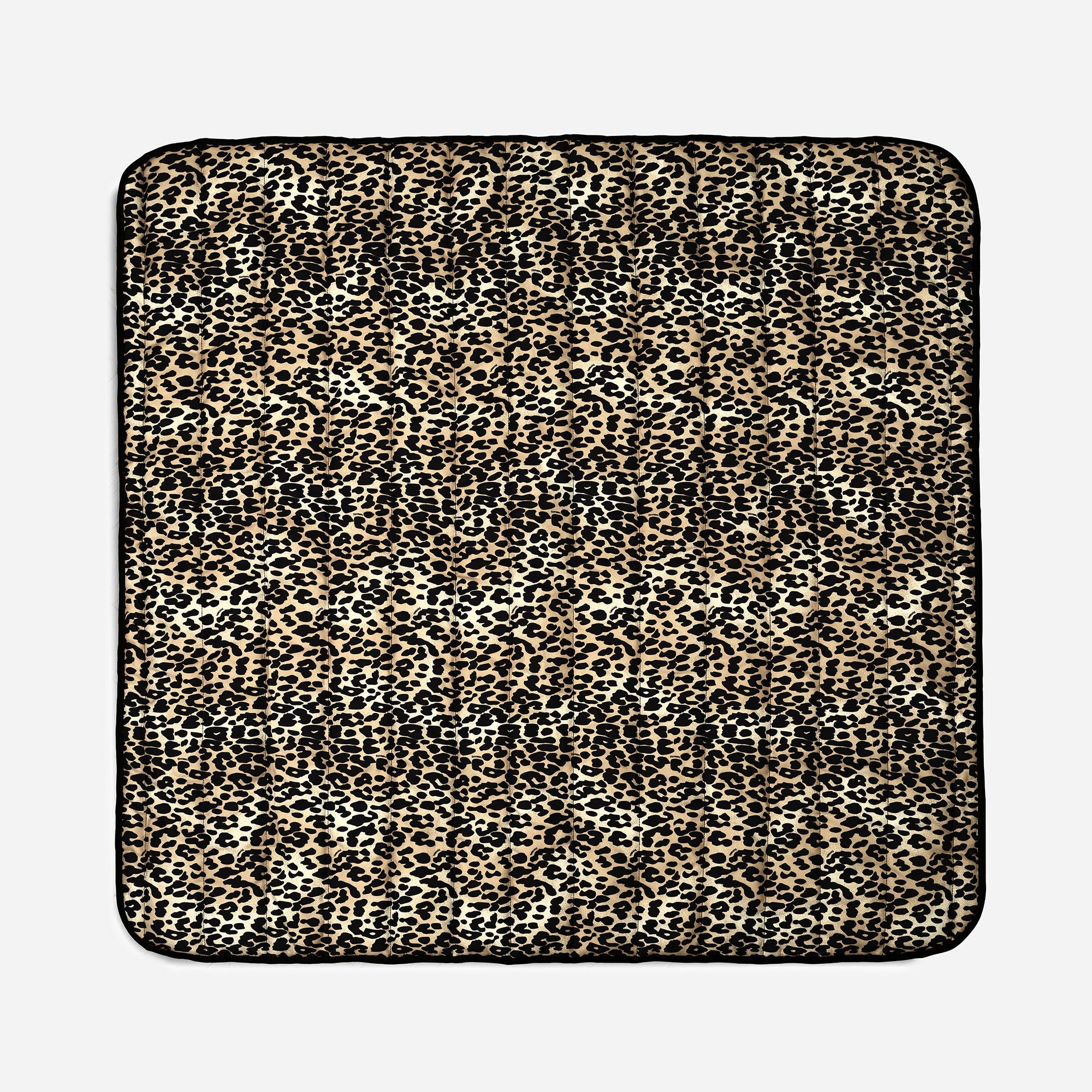 Thoren Eco Playmat in Leopard, flat top-down view of the quilted square mat with black edging