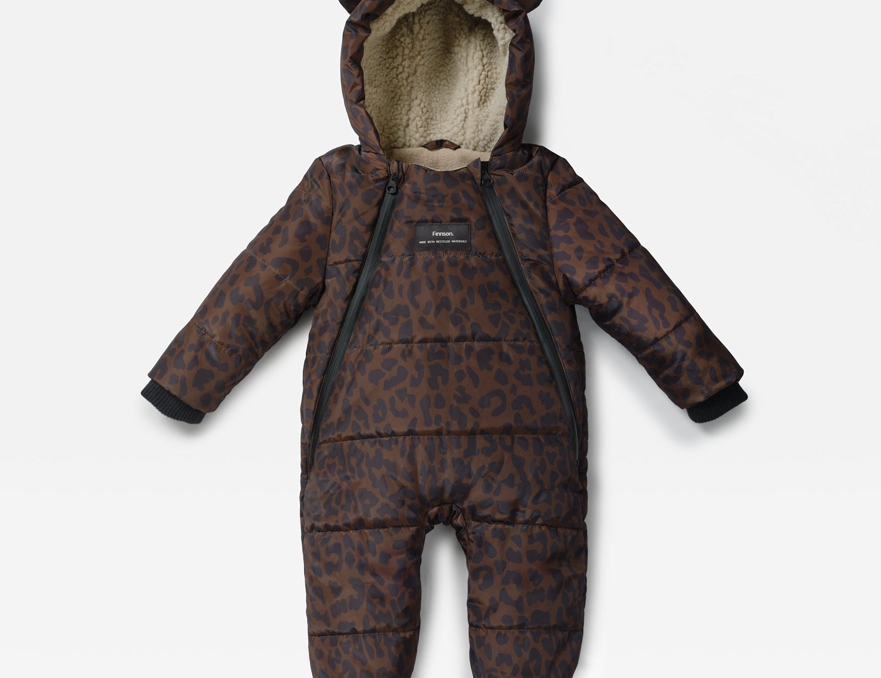 ANDERS Eco Snowsuit Chocolate Leopard laid flat, front view with bear-ear hood, fleecy lining and two front zips