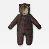 ANDERS Eco Snowsuit Chocolate Leopard laid flat, front view with bear-ear hood, fleecy lining and two front zips