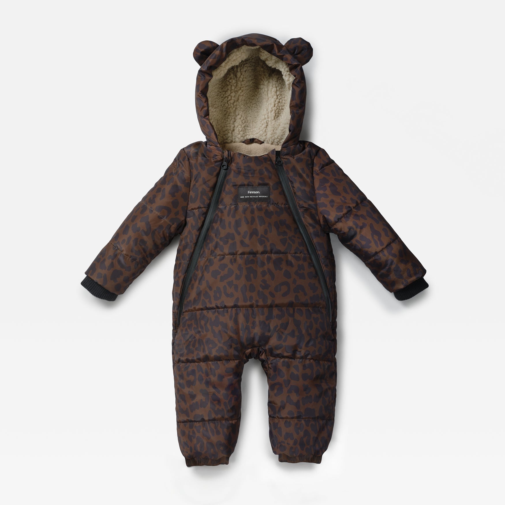 ANDERS Eco Snowsuit Chocolate Leopard laid flat, front view with bear-ear hood, fleecy lining and two front zips