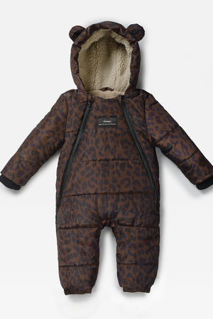 ANDERS Eco Snowsuit Chocolate Leopard laid flat, front view with bear-ear hood, fleecy lining and two front zips