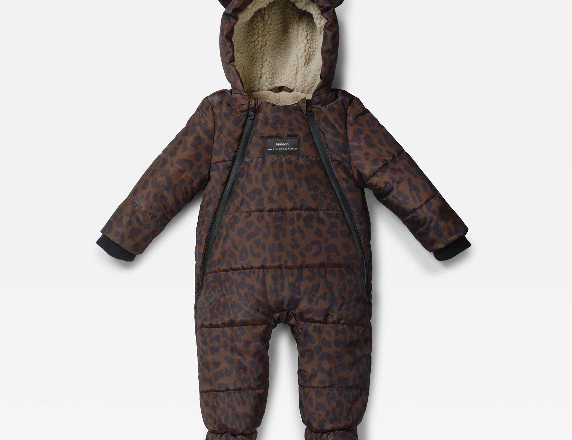 ANDERS Eco Snowsuit Chocolate Leopard, front view laid flat with fleecy bear-ear hood and two front zips