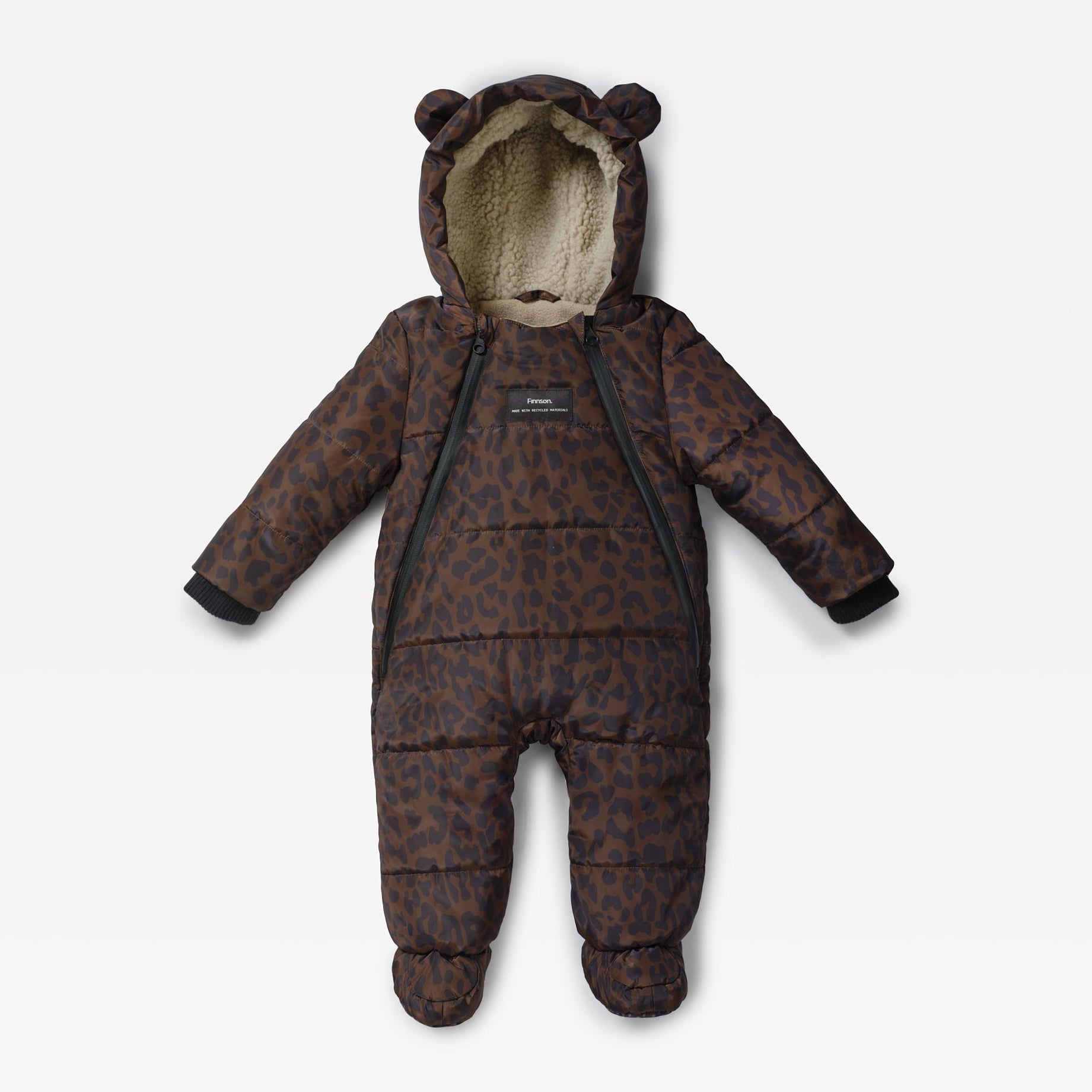 ANDERS Eco Snowsuit Chocolate Leopard, front view laid flat with fleecy bear-ear hood and two front zips