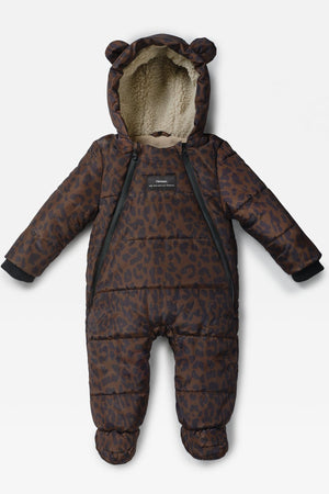 ANDERS Eco Snowsuit Chocolate Leopard, front view laid flat with fleecy bear-ear hood and two front zips