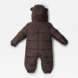 ANDERS Eco Snowsuit Chocolate Leopard laid flat, back view showing the quilted body and plain hood with bear ears