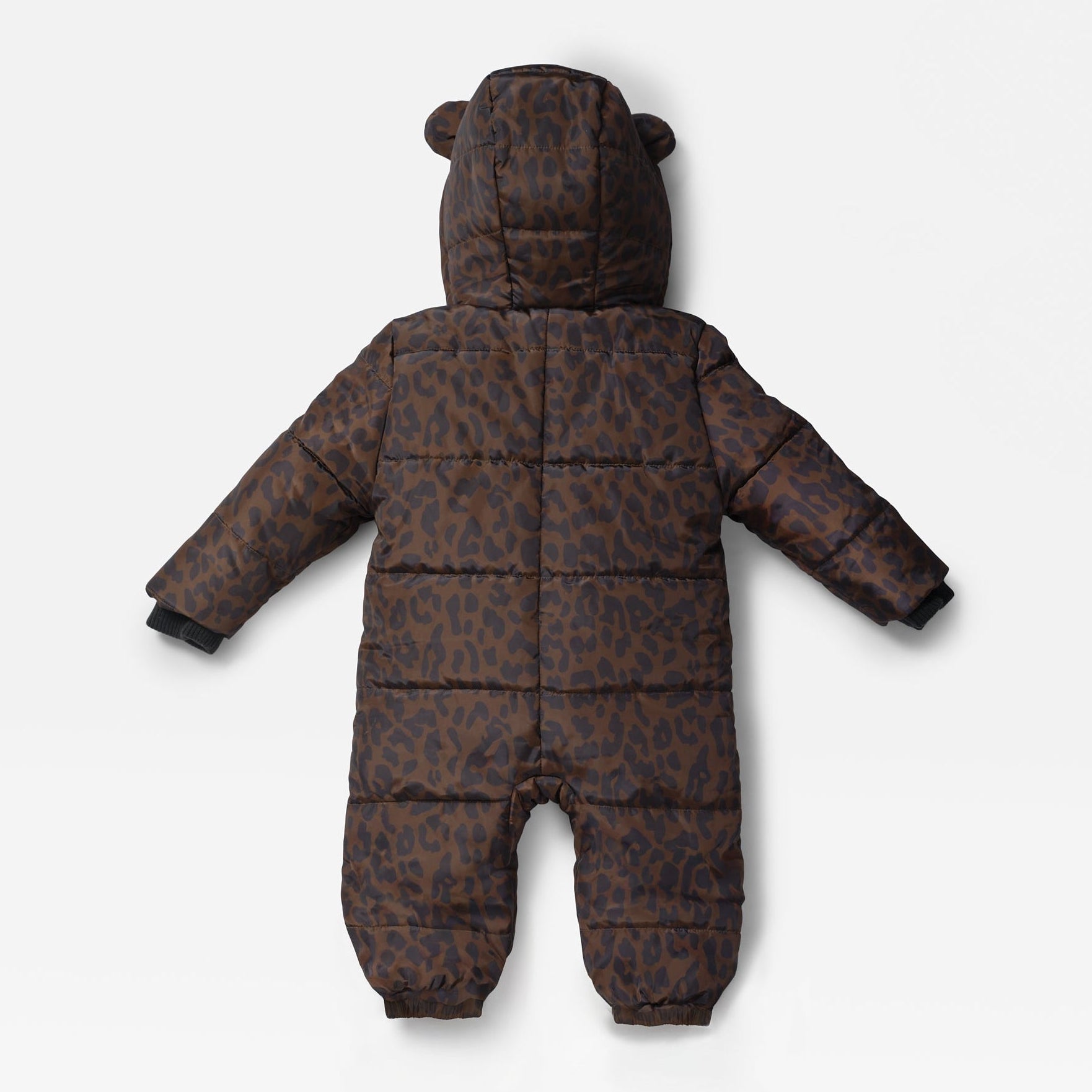 ANDERS Eco Snowsuit Chocolate Leopard laid flat, back view showing the quilted body and plain hood with bear ears