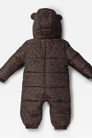 ANDERS Eco Snowsuit Chocolate Leopard laid flat, back view showing the quilted body and plain hood with bear ears