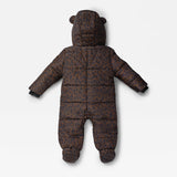 ANDERS Eco Snowsuit Chocolate Leopard, back view laid flat showing quilted body, hood and dotted soles of the feet