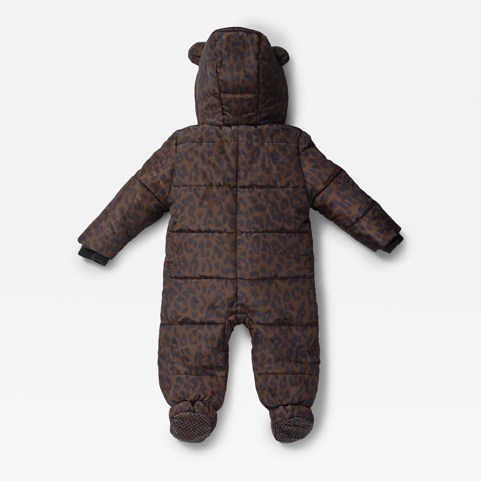 ANDERS Eco Snowsuit Chocolate Leopard, back view laid flat showing quilted body, hood and dotted soles of the feet