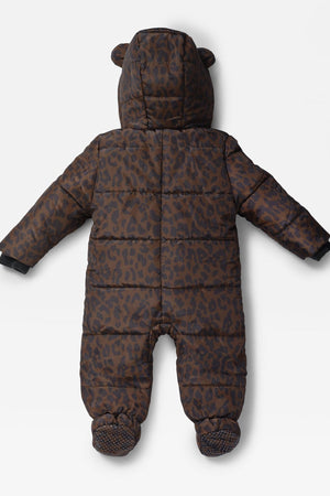 ANDERS Eco Snowsuit Chocolate Leopard, back view laid flat showing quilted body, hood and dotted soles of the feet