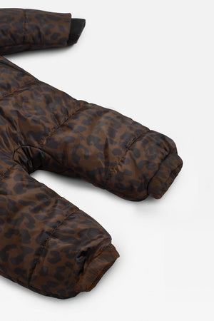 ANDERS Eco Snowsuit Chocolate Leopard close-up of the quilted sleeve and leg with ribbed cuffs, laid flat