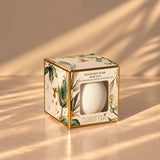 A boxed bath bomb product sits on a warm beige surface with soft diagonal shadows. The square package has botanical illustrations, gold trim, and a clear window showing a white bath bomb inside.