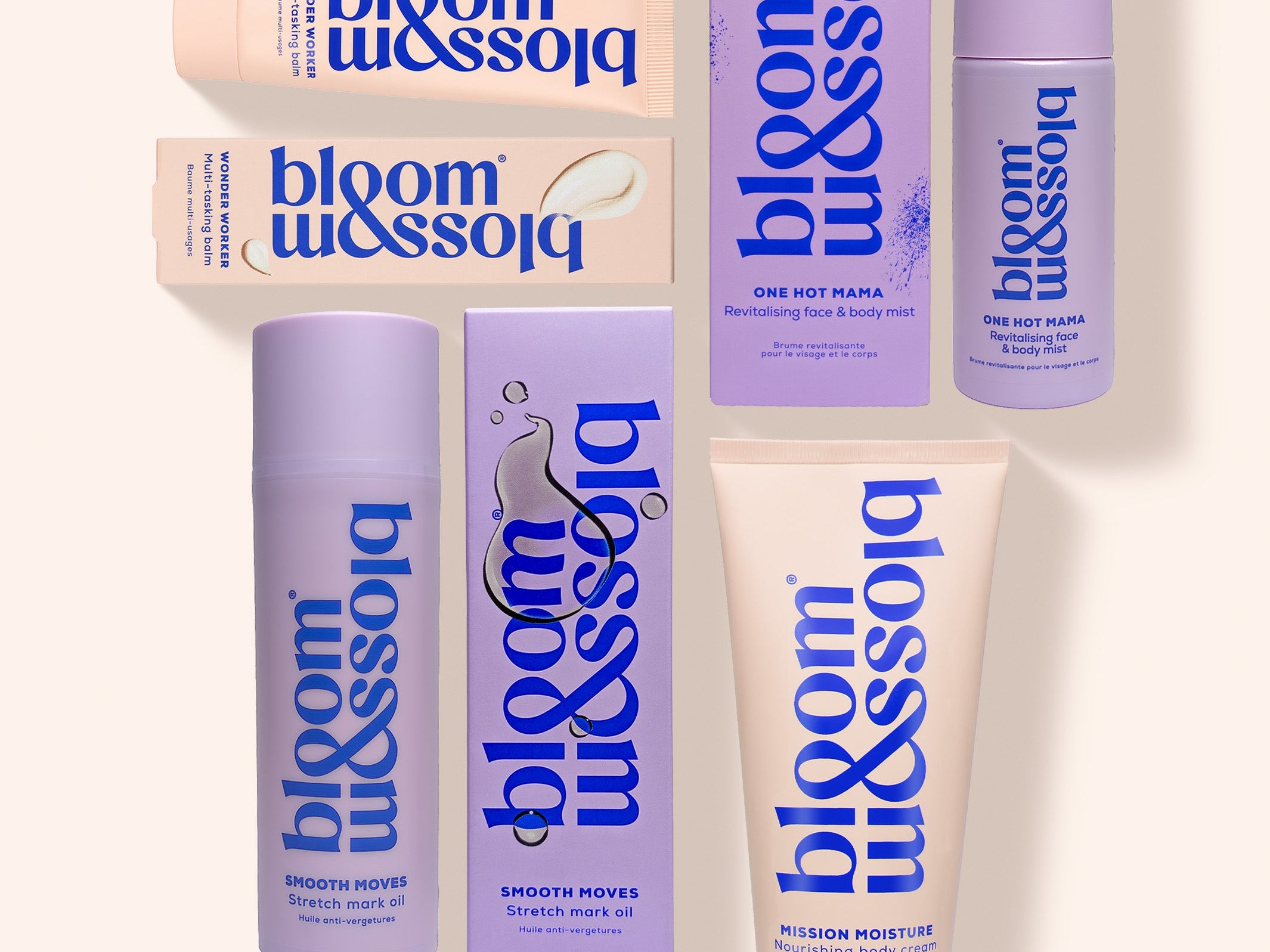 A set of seven Bloom & Assoi skincare products arranged on a light cream background. The products include tubes, bottles, and boxes in lavender purple and pale peach-beige colors with bold blue branding.