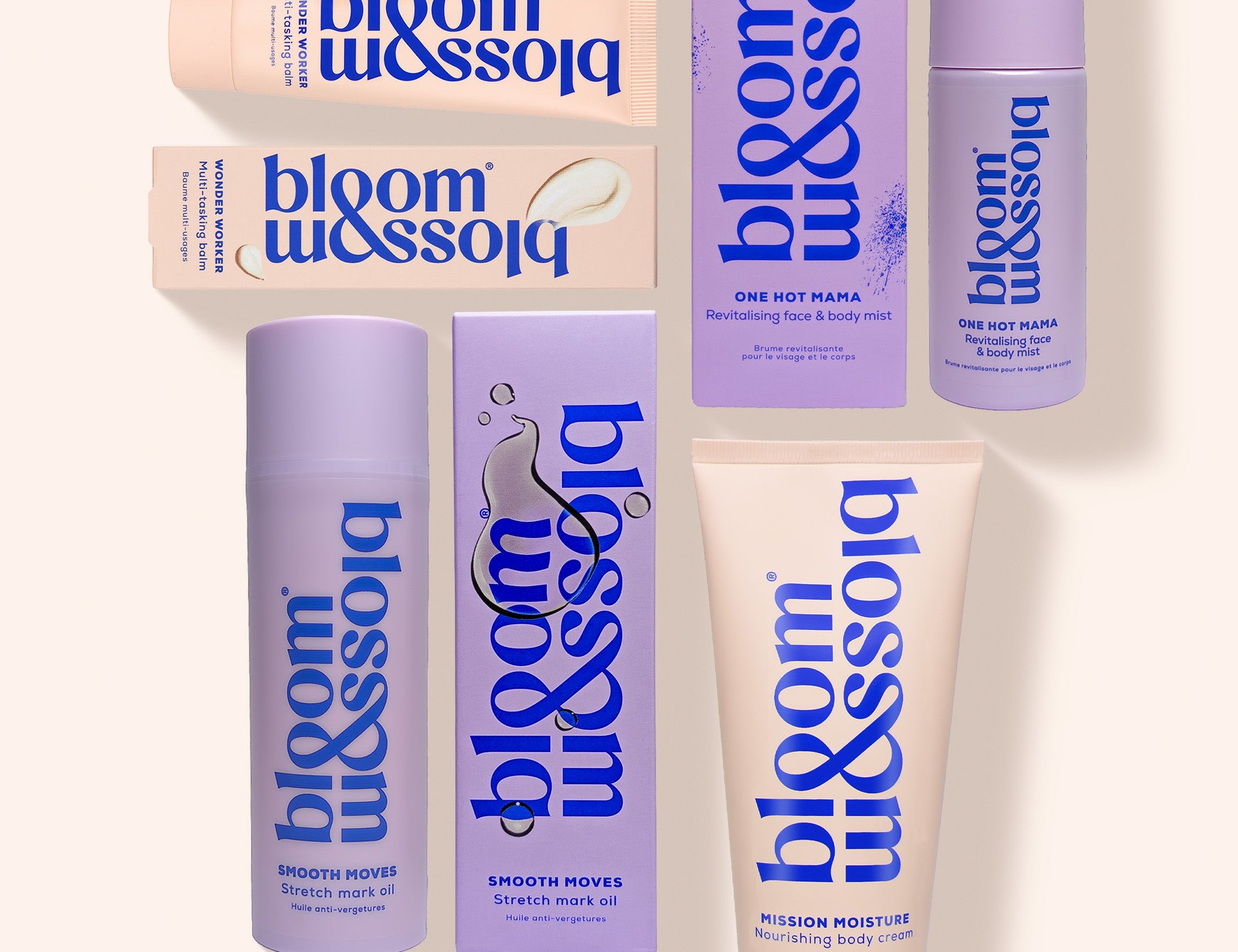 A set of seven Bloom & Assoi skincare products arranged on a light cream background. The products include tubes, bottles, and boxes in lavender purple and pale peach-beige colors with bold blue branding.