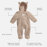 Alf Eco Pramsuit Beige with feature call-outs: lightweight, machine washable, wind resistant, breathable, padded and quilted