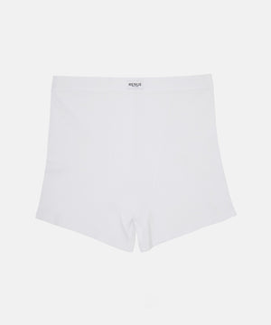 White high-waisted boxer briefs with a small black 'MENACE' brand label on the front waistband, shown flat against a light gray background.