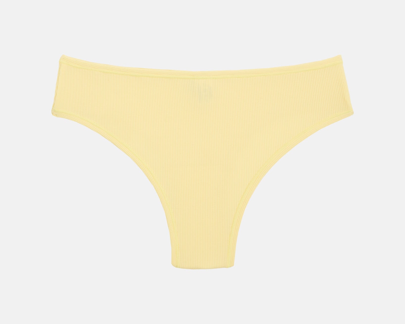 A pale yellow bikini bottom shown flat against a light gray background.