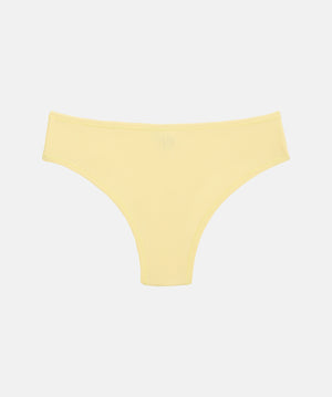 A pale yellow bikini bottom shown flat against a light gray background.