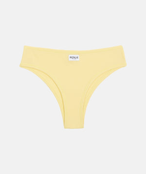 A pale yellow ribbed bikini bottom with a small white brand label reading 'RENUE' at the center waistband, shown flat against a light gray background.