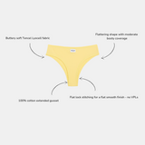 Yellow bikini bottom with callout arrows and text describing fabric, fit, and construction on a light gray background.