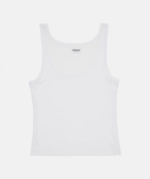 A white sleeveless tank top with a scoop neck and a small black 'Rogue' brand logo printed at the inner neckline, shown against a light gray background.